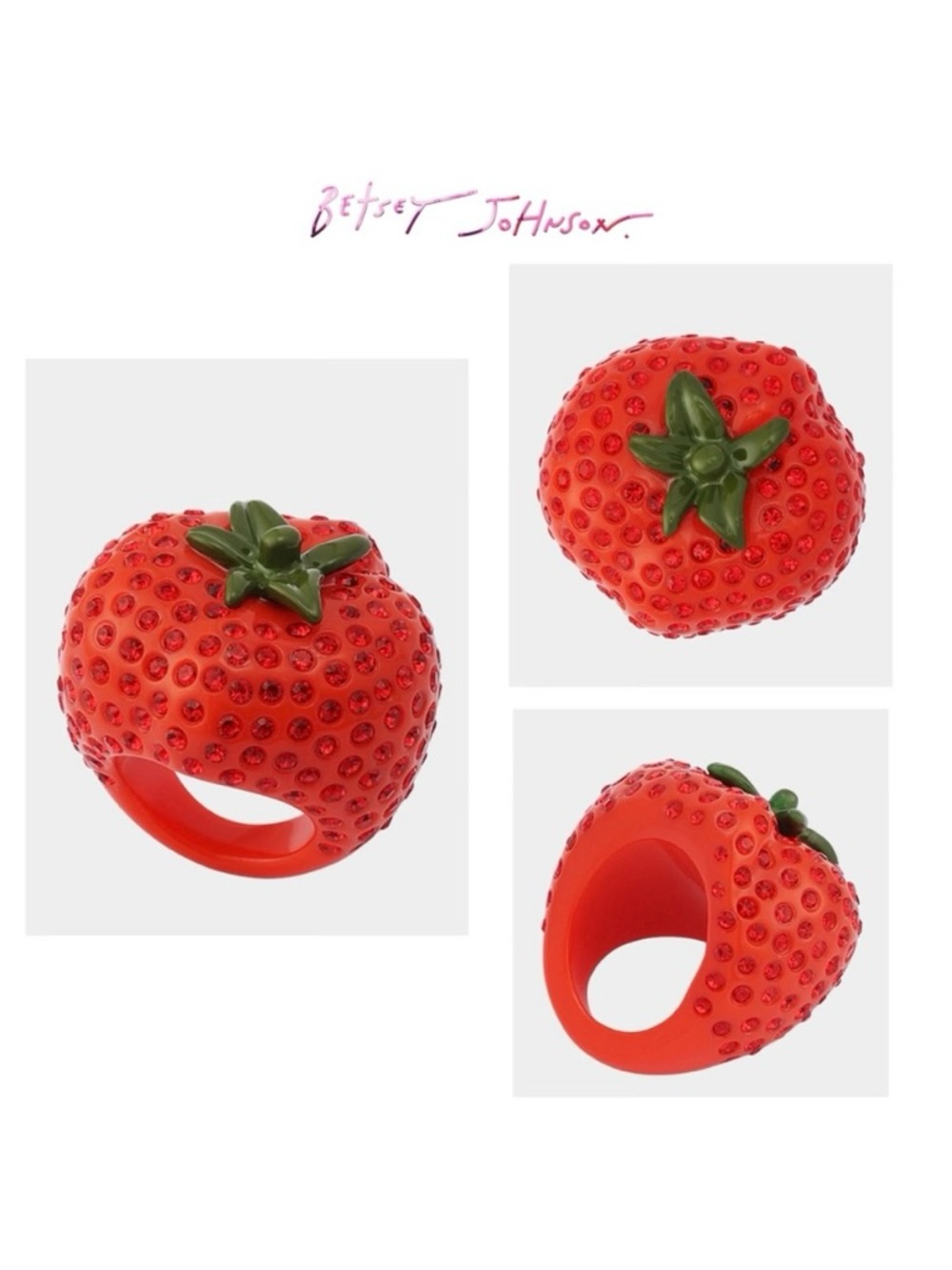 NWT Betsey Johnson 💋TOMATO Red Glass Crystals Plastic/Enamel Cocktail Ring